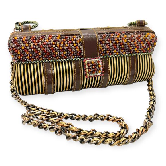 Mary Frances Vintage Beaded Baguette Hard Shell Shoulder Handbag Brown Gold Tan - Picture 12 of 14